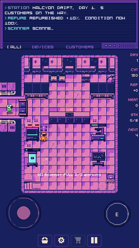 Orbital Pawn gameplay: the shop floor with a scanner, a refurbishing station and a customer arriving.