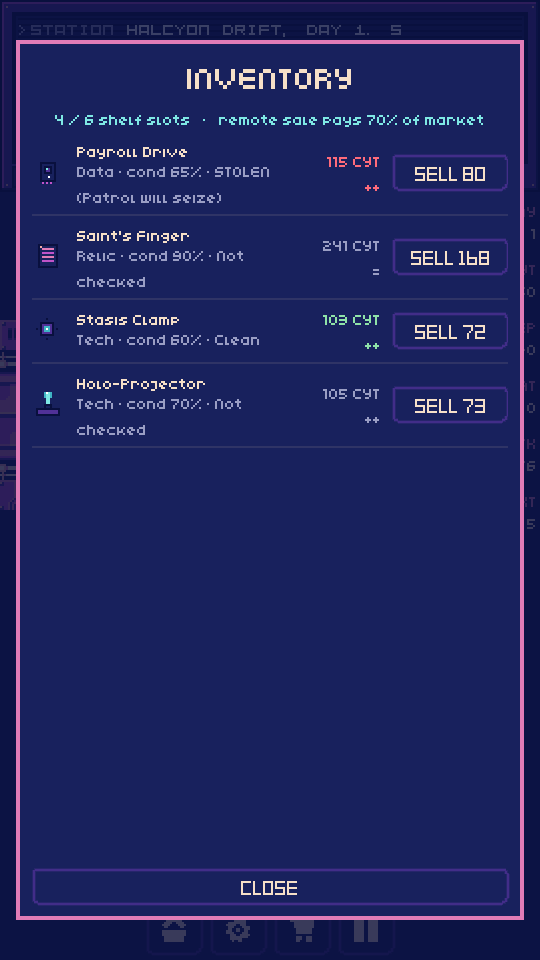 Orbital Pawn inventory screen listing items with condition, market value and sell prices.